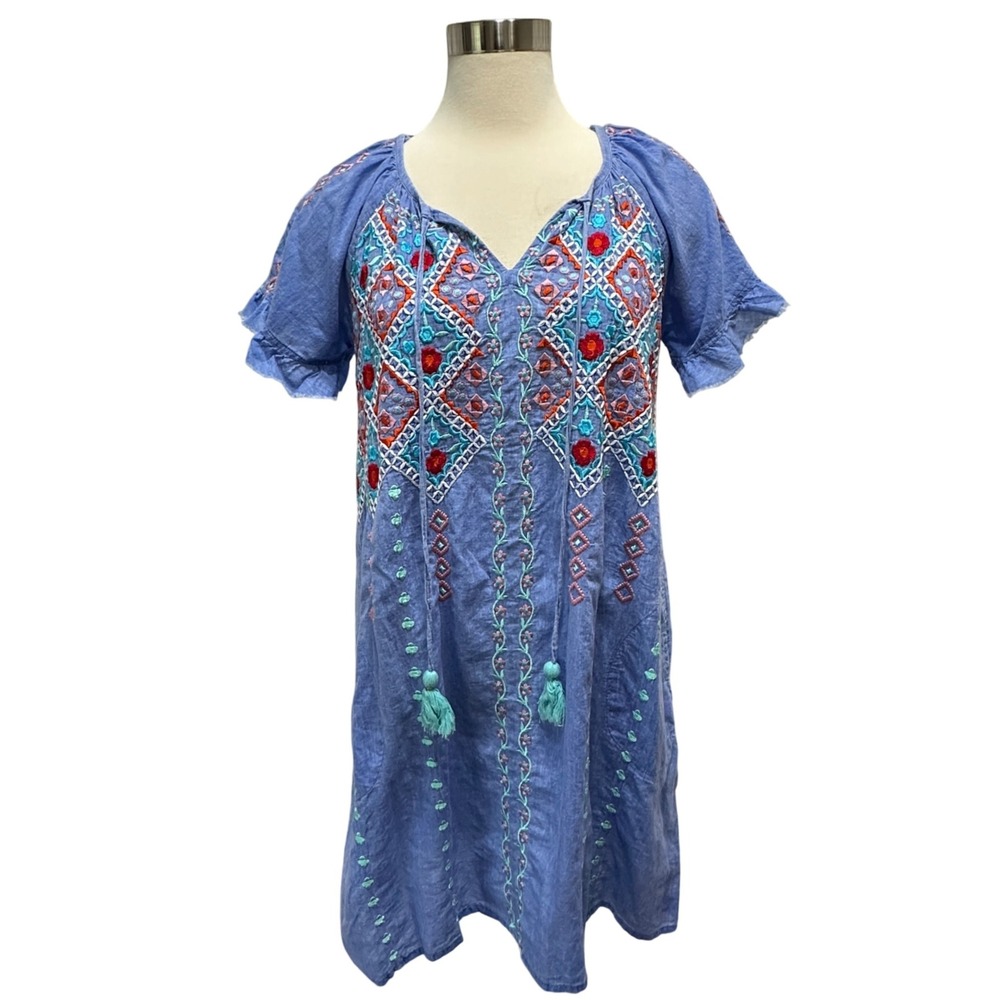 LulaLife Embroidered Dress Womens Small Blue Bohemian Mumu‎ Vacation House Dress